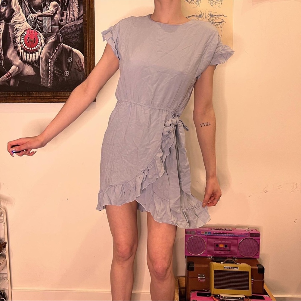 She and Sky Soft Blue Ruffle Mini Dress / blue flowy dress